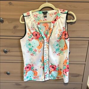 Ann Taylor Floral Sleeveless Blouse - White, Orange, Blue